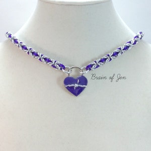 BDSM Slave Collar Silver & Violet Purple with Heart and Barbed Wire Lock Submissive Collar image 7