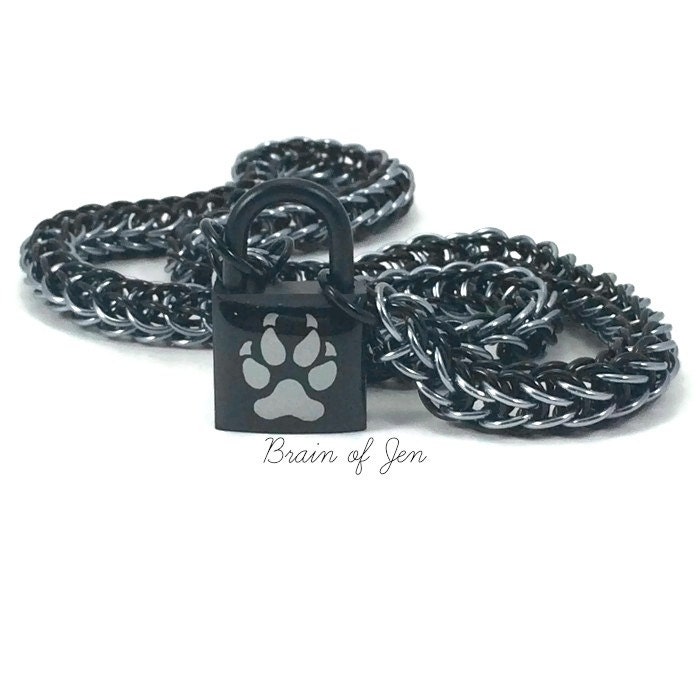 Unisex BDSM Slave Collar Wolf Paw Print Submissive Collar Black & Gunmetal