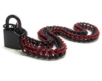 BDSM Collar Padlock Necklace Black and Red Chainmaille with Black Lock