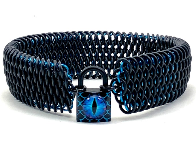 Dragon Eye Submissive Day Collar Black and Blue Dragonscale Chainmail Choker Necklace