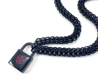 Mens BDSM Submissive Collar with Pentagram Lock Black and Red Chainmail Padlock Necklace