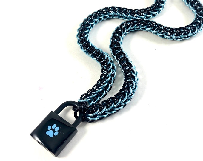 Unisex BDSM Slave Collar Baby Blue and Black Paw Print Locking Chainmail Choker Pup Kitten Sub