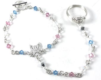 Trans Pride Flag Hand Chain Swarovski Crystal Bracelet with Ring Attached