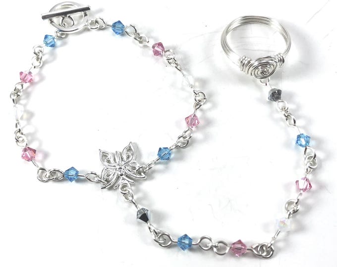 Trans Pride Flag Hand Chain Swarovski Crystal Bracelet with Ring Attached