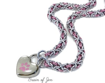 BDSM Slave Collar Silver & Pink Paw Print Submissive Day Collar Puppy Kitten Padlock Choker Necklace