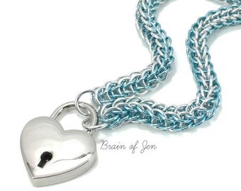 BDSM Chainmail Slave Collar Aqua Blue and Silver with Heart Shaped Padlock