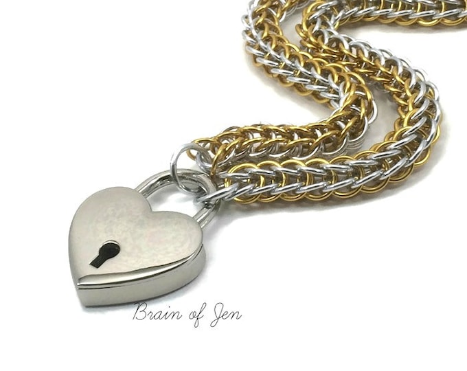 Submissive Day Collar Silver and Gold Chainmail Slave Collar Heart Padlock