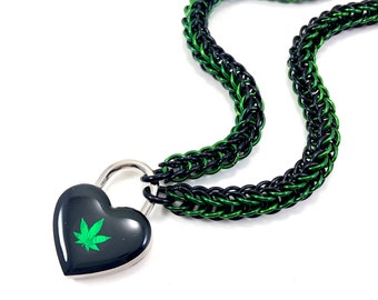 BDSM Submissive Day Collar Green and Black Weed Leaf Padlock Necklace Marijuana Leaf