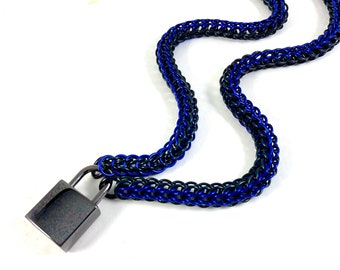 Unisex BDSM Slave Collar Black and Blue Chainmail with Working Padlock