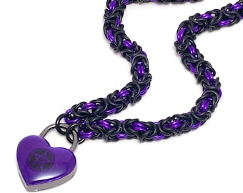 Submissive Collar Black & Purple with Pentagram Heart Lock BDSM Day Collar