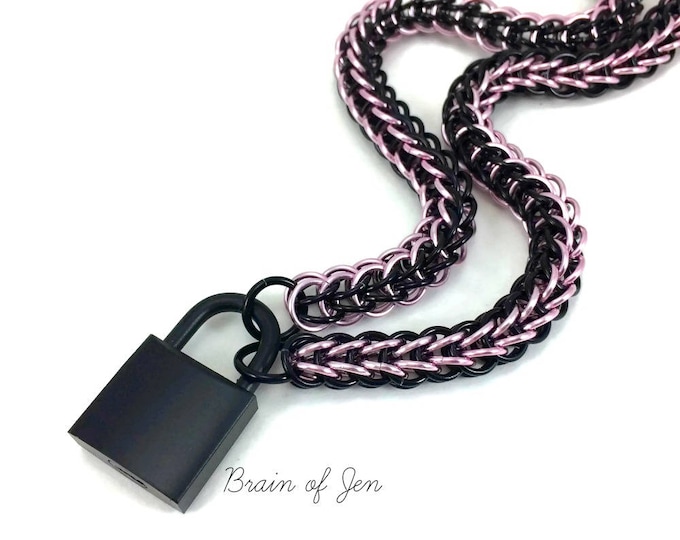 Chainmail Submissive Collar Black and Pink with Matte Black Padlock