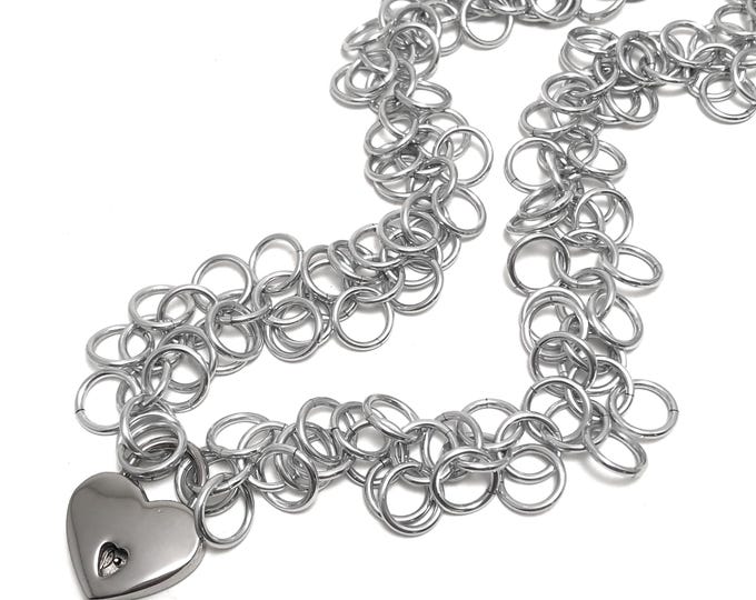 Silver Submissive Day Collar Heart Lock Chainmaille Choker Padlock Necklace