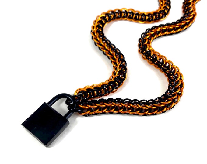 Unisex BDSM Slave Collar Black and Orange Chainmail with Working Padlock