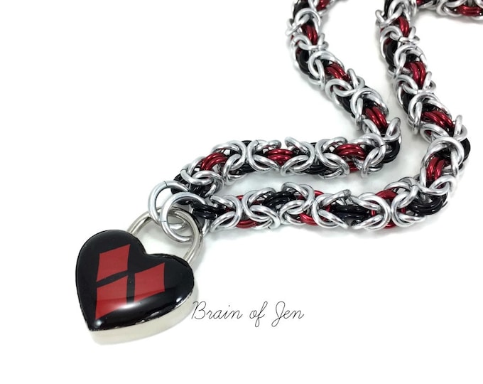 Submissive Day Collar Harley Quinn Inspired Red and Black Heart Lock