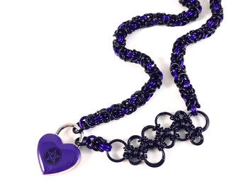 Submissive Collar Black & Purple with Pentagram Heart Lock BDSM Day Collar