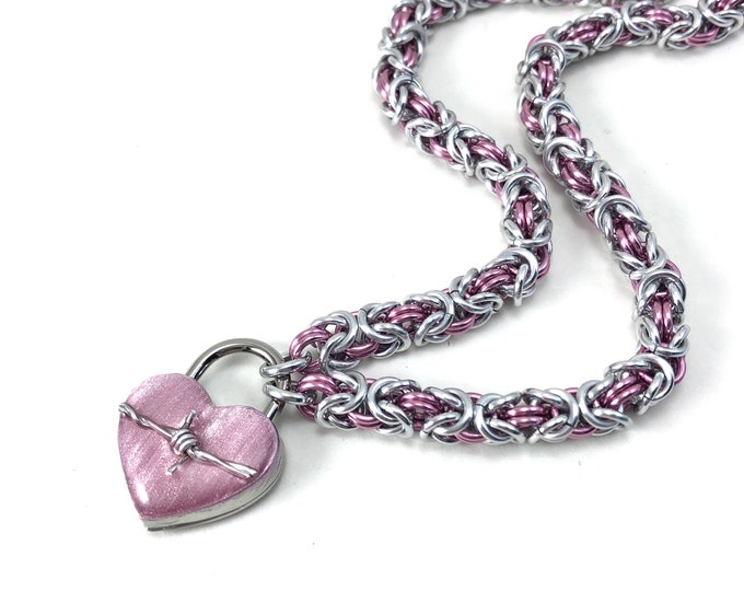 Pink and Silver Slave Collar with Barbed Wire Heart Lock Chainmail Padlock Choker Necklace