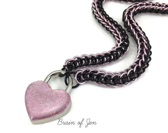 Slave Collar Pink & Black Choker with Sparkly Pink Heart BDSM Padlock Necklace