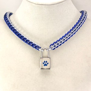 Unisex BDSM Slave Collar Blue Paw Print Locking Chainmail Choker Pup Kitten Sub image 5