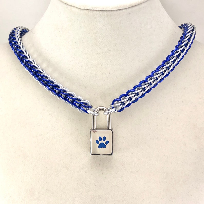 Unisex BDSM Slave Collar Blue Paw Print Locking Chainmail Choker Pup Kitten Sub image 5