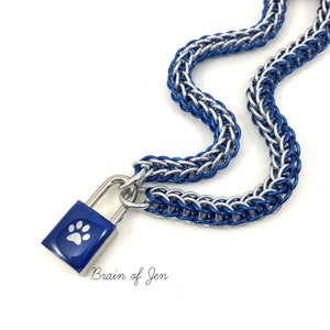 Unisex BDSM Slave Collar Blue Paw Print Locking Chainmail Choker Pup Kitten Sub image 2