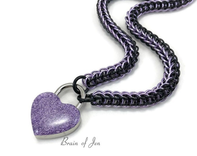 Submissive Day Collar Lavender & Black with Lavender Heart Shaped Padlock BDSM Collar