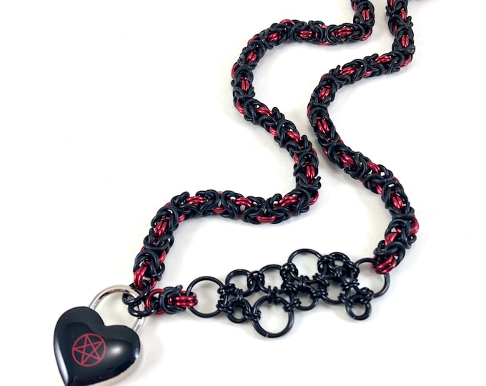 Slave Collar with Pentacle Heart Lock Silver Red & Black Submissive Day Collar Chainmaille Padlock Necklace