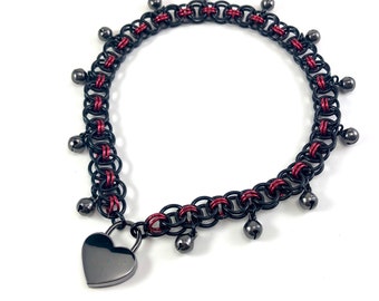 Black and Red Submissive Day Collar with Bells and Heart Lock