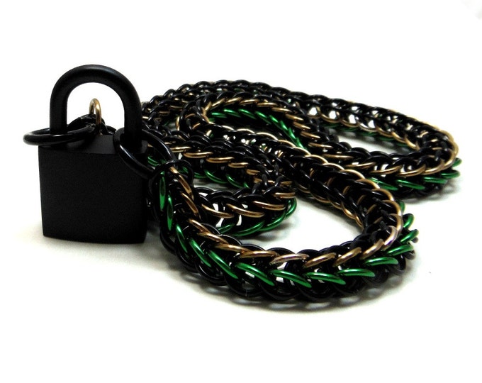 Unisex Camouflage BDSM Slave Collar Black, Green, Tan with Black Padlock