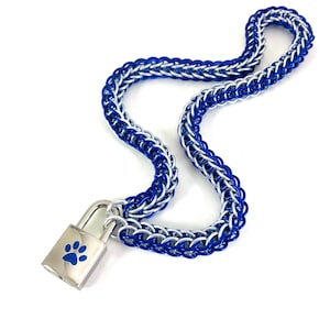 Unisex BDSM Slave Collar Blue Paw Print Locking Chainmail Choker Pup Kitten Sub image 1