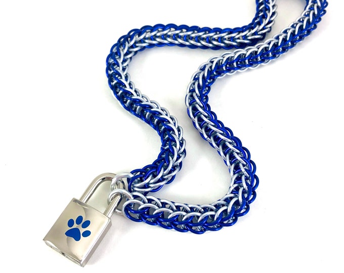 BDSM Slave Collar Blue Paw Print Padlock Necklace Pup Kitten Submissive Collar