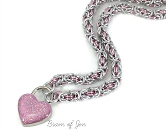 BDSM Slave Collar Silver & Pink Submissive Collar with Small Pink Heart Lock