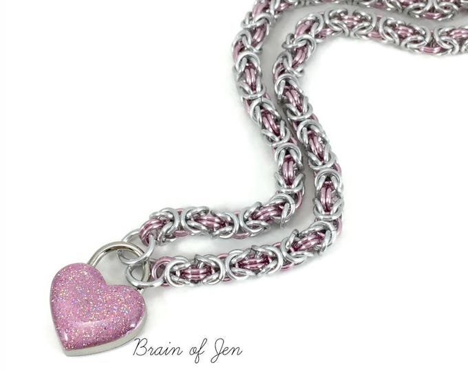 BDSM Slave Collar Silver & Pink Submissive Collar with Small Pink Heart Lock