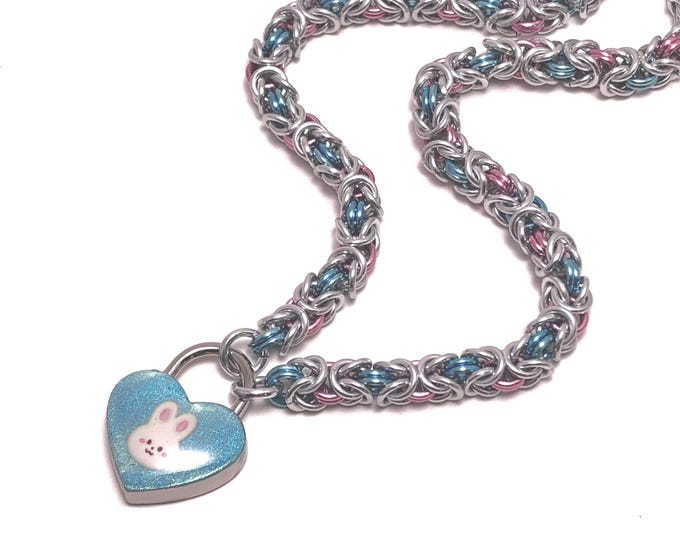Bunny Submissive Day Collar Silver, Pastel Pink and Baby Blue Padlock Necklace