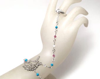 Trans Pride Flag Hand Chain Swarovski Crystal Unicorn Bracelet with Ring Attached
