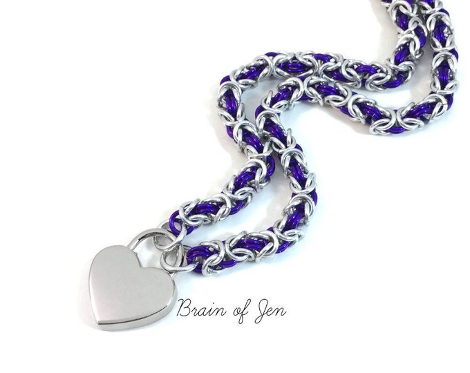 BDSM Slave Collar Silver & Purple Submissive Day Collar with Heart Lock