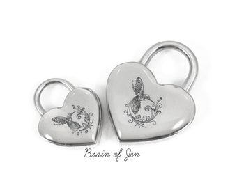 Silver Heart Padlock with Black Hummingbird You Choose Size