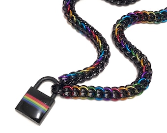 Rainbow LGBTQ Pride Submissive Day Collar with Retro Stripe Padlock Choose Silver or Black
