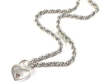 Sterling Silver Submissive Day Collar 925 Sterling Heart Lock and Spiral Chainmail Choker BDSM Slave Collar