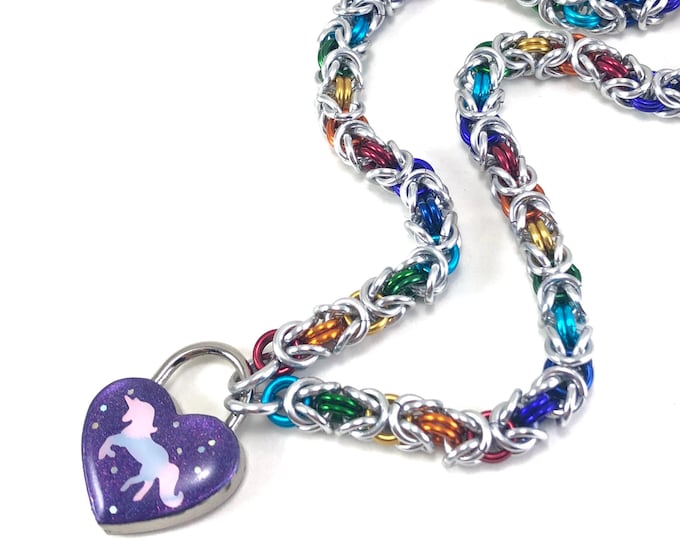 Pride Rainbow BDSM Submissive Collar with Holographic Unicorn Heart Lock