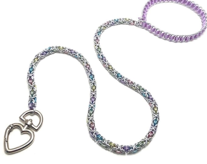 Silver and Pastel Rainbow Chainmaille Leash