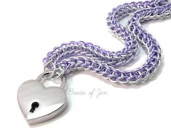 Slave Collar with Heart Lock Lavender and Silver Submissive Day Collar