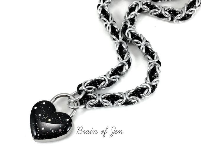 BDSM Slave Collar Silver & Black with Small Black Heart Padlock Necklace