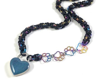 Black and Rainbow Asymmetrical Paw Print Day Collar with Color Shifting Heart Lock
