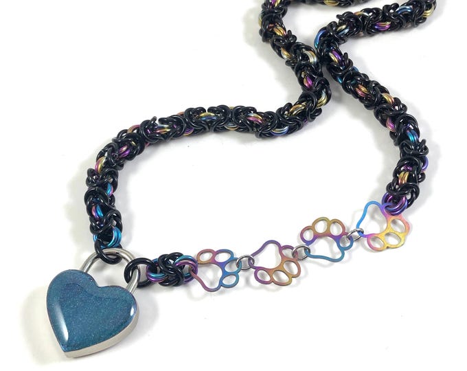 Black and Rainbow Asymmetrical Paw Print Day Collar with Color Shifting Heart Lock