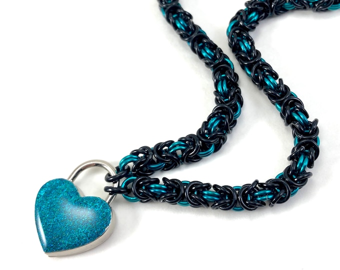 Teal Submissive Day Collar in Your Choice of Silver or Black Padlock Necklace with Teal Accents and Heart Lock