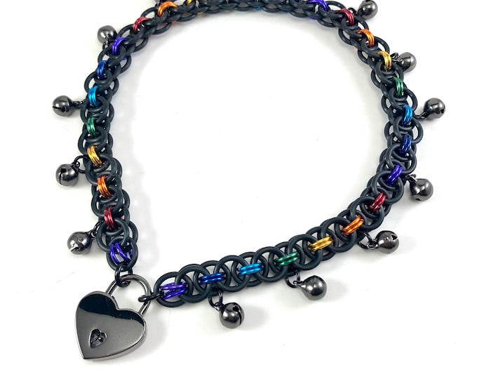 Black and Rainbow Submissive Day Collar with Bells and Heart Lock
