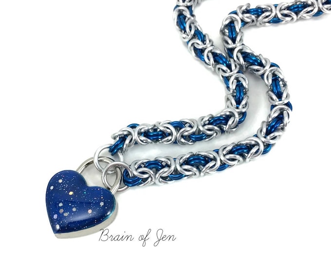 Submissive Day Collar Silver & Blue with Small Blue Heart Shaped Padlock