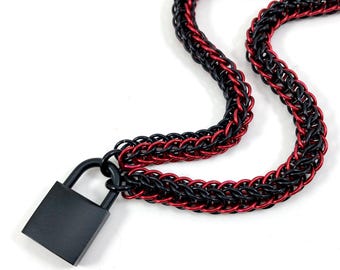BDSM Collar Padlock Necklace Black and Red Chainmaille with Working Black Lock