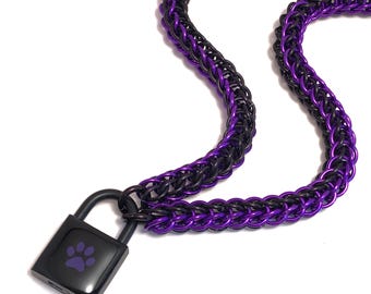 BDSM Submissive Day Collar Purple & Black Paw Print Padlock Necklace Pup Kitten Slave Collar