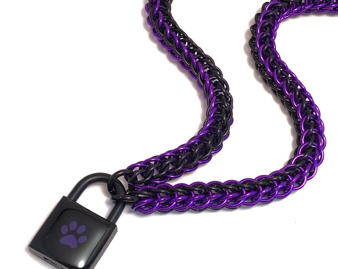 BDSM Submissive Day Collar Purple & Black Paw Print Padlock Necklace Pup Kitten Slave Collar
